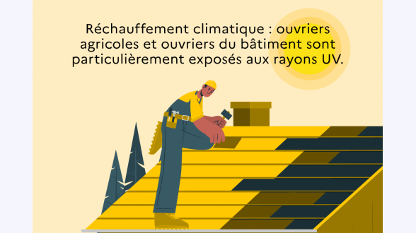 Dans un paysage naturel, des personnages plantent des arbres et prennent soin de la nature. À gauche, deux personnages tiennent un trophée, lauréat des trophées de l'adaptation au changement climatique. Dans le ciel jaune pâle est écrit: «Avec les Solutions fondées sur la Nature, adaptation au changement climatique et protection de la biodiversité font cause commune.»